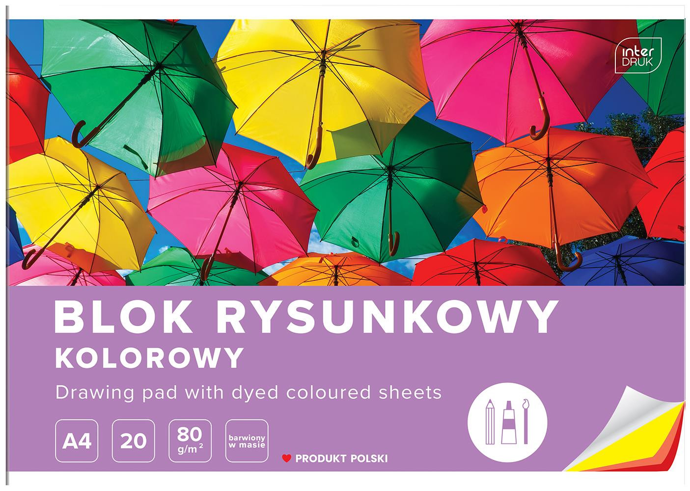 Blok rysunkowy A4, kolorowy, 80g, 20 kartek, Interdruk